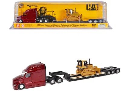 Diecast Masters Peterbilt 579 Ultraloft Tandem Tractor Red Metallic With Lowboy Trailer And Cat D5m Dozer Yellow 1/8 In Red