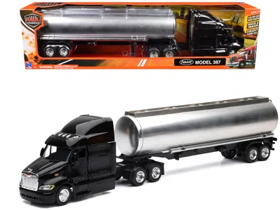 New Ray Peterbilt 387 Truck Black With Tanker Trailer Silver "long Haul Truckers" Series 1/43 Diecast Model  In Black
