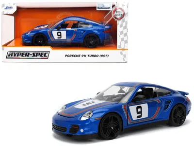 Jada Porsche 911 Turbo (997) #9 Blue Metallic With Stripes "hyper-spec" Series 1/24 Diecast Model Car By  In Blue