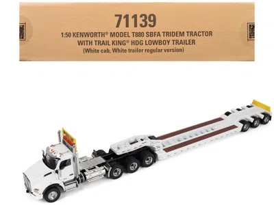 Diecast Masters Kenworth T880 Sbfa Tridem Truck With Trail King Hdg Lowboy Trailer White "transport Series" 1/50 Die In White