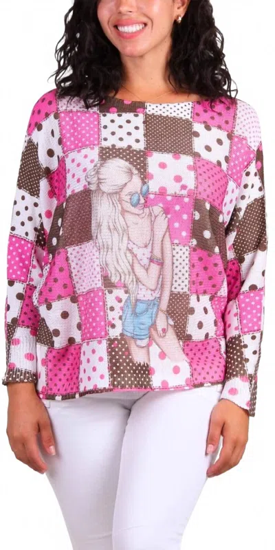 Gigi Moda Daria Checker Girl Print Batwing Sweater In Hot Pink In Pink
