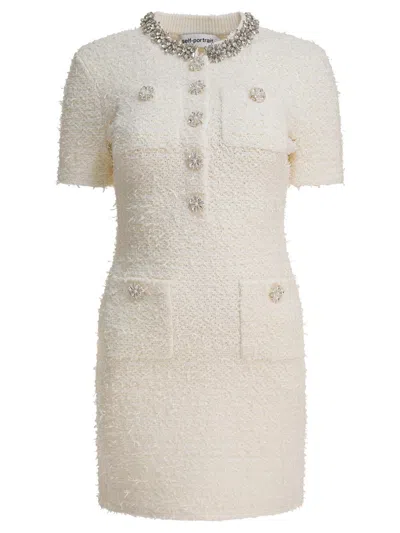 Self-portrait Mini Dress With Knit Tweed Texture And Crystal Accents In White