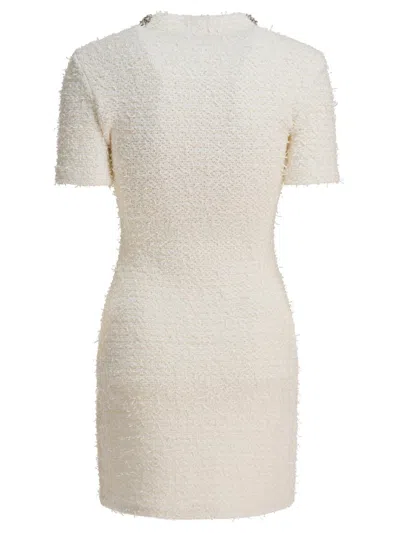 Self-portrait Mini Dress With Knit Tweed Texture And Crystal Accents In White