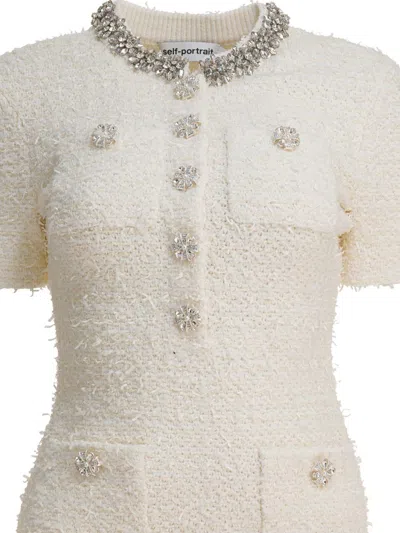 Self-portrait Mini Dress With Knit Tweed Texture And Crystal Accents In White