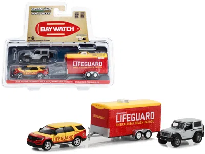 Greenlight 2016 Ford Explorer "emerald Bay Beach Patrol Lifeguard" Yellow And Red With 2013 Jeep Wrangler Rubic In Red