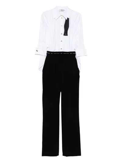 Elisabetta Franchi Striking Jumpsuit With Double Collar And Logo Ribbon Waistband In White