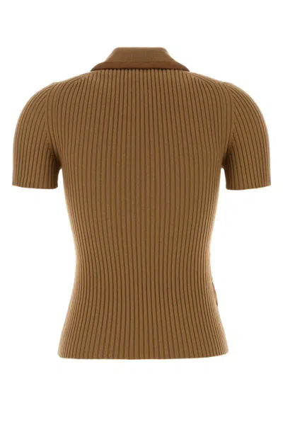 Miu Miu Cashmere Blend Polo Shirt With Ribbed Texture In Brown