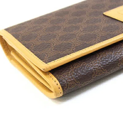 Pre-owned Celine Macadam Beige Dark Brown Yellow Pvc Leather Long Wallet (bi-fold) ()