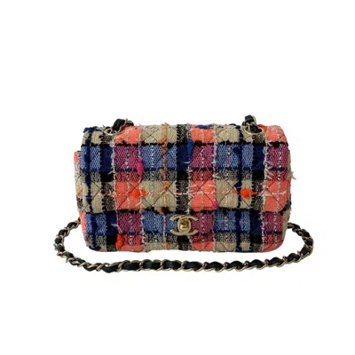 Pre-owned Chanel Beige Black Blue Navy Pink Gold Tweed Leather Shoulder Bag ()