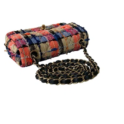 Pre-owned Chanel Beige Black Blue Navy Pink Gold Tweed Leather Shoulder Bag ()