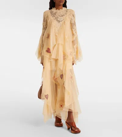 Zimmermann Hypnotic Cascading Semisheer Long Sleeve Lace Silk Gown In Multi