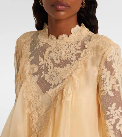 Zimmermann Hypnotic Cascading Semisheer Long Sleeve Lace Silk Gown In Multi
