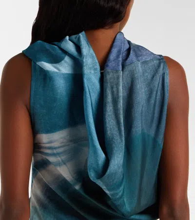 Jean Paul Gaultier Printed Long Sleeveless Satin Dress With Cuffling Detail On The Back Clothing In Blue