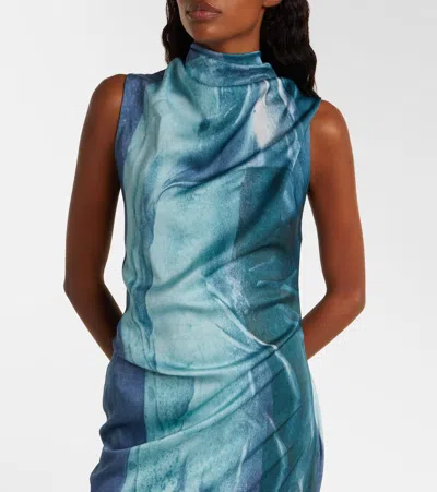Jean Paul Gaultier Printed Long Sleeveless Satin Dress With Cuffling Detail On The Back Clothing In Blue