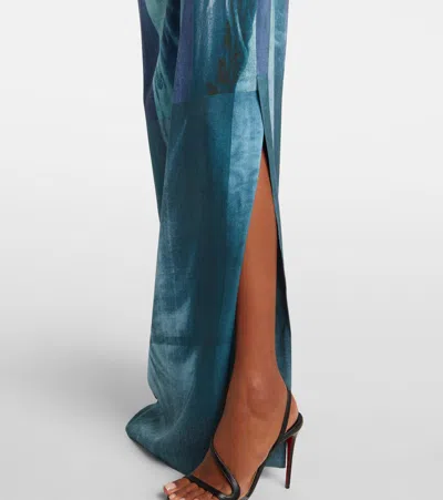 Jean Paul Gaultier Printed Long Sleeveless Satin Dress With Cuffling Detail On The Back Clothing In Blue