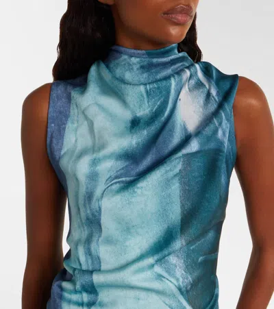 Jean Paul Gaultier Printed Long Sleeveless Satin Dress With Cuffling Detail On The Back Clothing In Blue