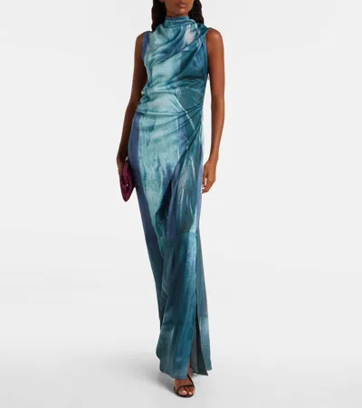 Jean Paul Gaultier Printed Long Sleeveless Satin Dress With Cuffling Detail On The Back Clothing In Blue