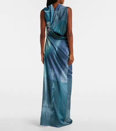 Jean Paul Gaultier Printed Long Sleeveless Satin Dress With Cuffling Detail On The Back Clothing In Blue