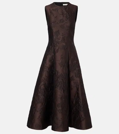 Flared Embroidered Midi Dress In Brown
