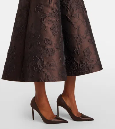 Flared Embroidered Midi Dress In Brown