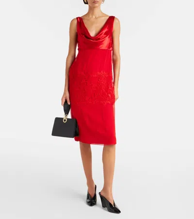 Ferragamo Cowl-neck Lace-insert Midi Dress In Red