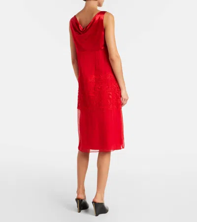 Ferragamo Cowl-neck Lace-insert Midi Dress In Red