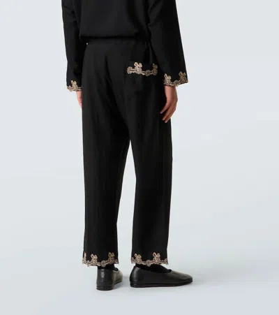 Bode Laurelist Wool Flannel Wide-leg Pants In Black