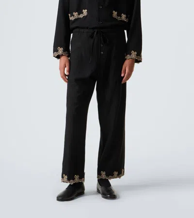 Bode Laurelist Wool Flannel Wide-leg Pants In Black