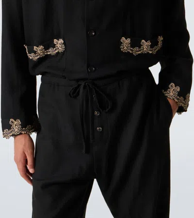 Bode Laurelist Wool Flannel Wide-leg Pants In Black