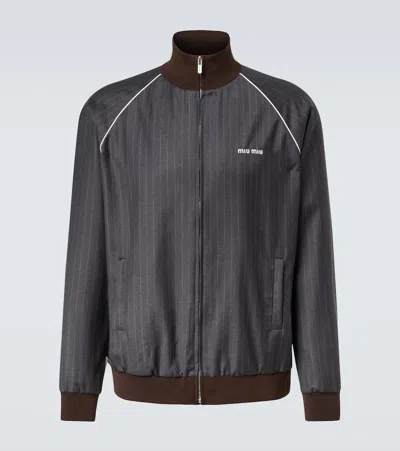 Miu Miu Logo Pinstripe Virgin Wool Track Jacket In Gray