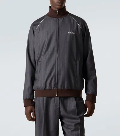 Miu Miu Logo Pinstripe Virgin Wool Track Jacket In Gray