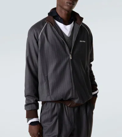 Miu Miu Logo Pinstripe Virgin Wool Track Jacket In Gray
