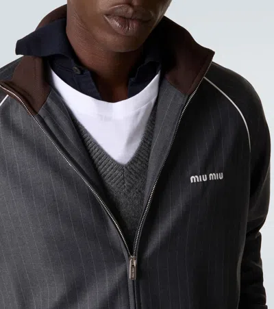 Miu Miu Logo Pinstripe Virgin Wool Track Jacket In Gray
