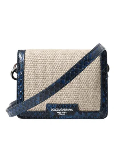 Dolce & Gabbana Beige Raffia Blue Leather Trim Mini Shoulder Purse Crossbody Women's Bag In Blue