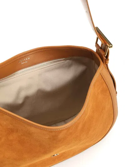 Alexander Mcqueen Brown Shoulder Bag With Adjustable Shoulder Strap And T Buckle Closure On The Front In Suede Woman In Sand