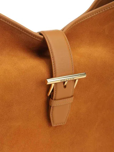 Alexander Mcqueen Brown Shoulder Bag With Adjustable Shoulder Strap And T Buckle Closure On The Front In Suede Woman In Sand