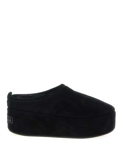 Balenciaga Suede Mules With Rounded Toe And Elevated Platform Sole In Black