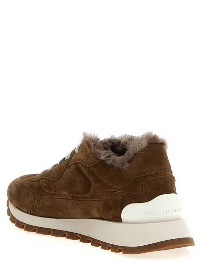 Brunello Cucinelli Suede Sneakers With Rubber Sole Contrast In Brown