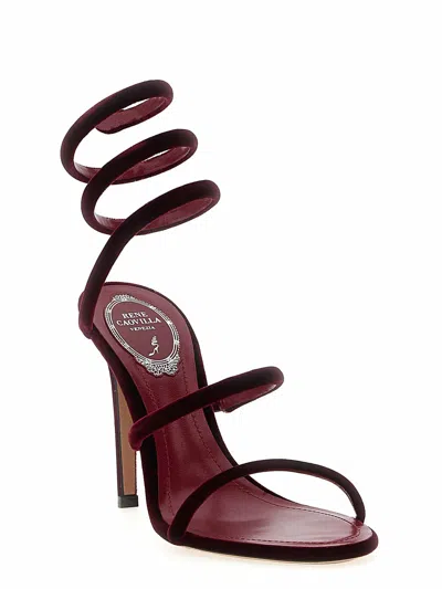 René Caovilla Spiral Design Velvet Heels With Ankle Wrap In Burgundy