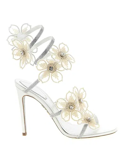 René Caovilla Rene Caovilla Leather Peach Flower Sandals In White