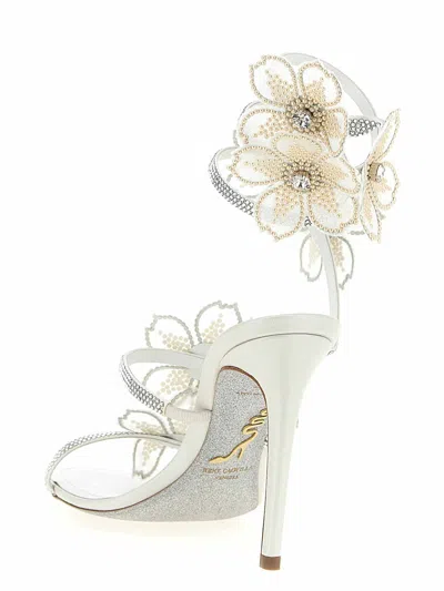 René Caovilla Rene Caovilla Leather Peach Flower Sandals In White