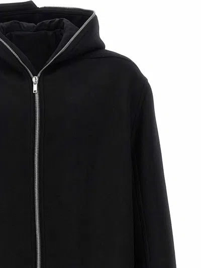 Rick Owens Men Black Coat With Fixed Hood And Rear Single Vent In Wool Man In Black