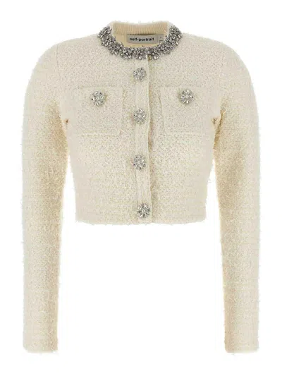 Self-portrait White Crewneck Cropped Cardigan With Crystal Embellishments On The Collar In Cotton Blend Woman In Neutral