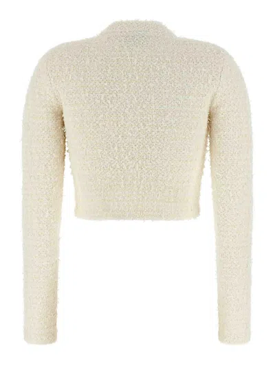 Self-portrait White Crewneck Cropped Cardigan With Crystal Embellishments On The Collar In Cotton Blend Woman In Neutral