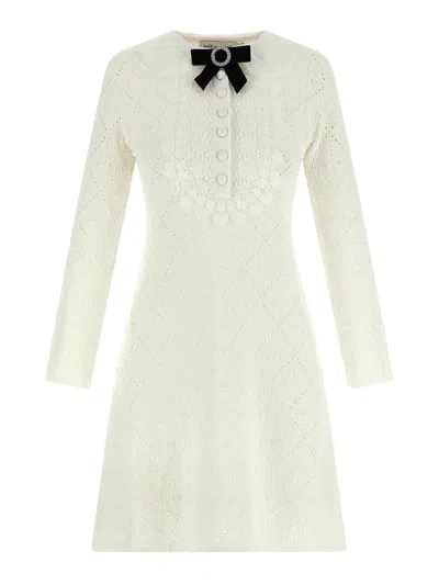 Self-portrait White Lace Knit Mini Dress With Removable Bow In White