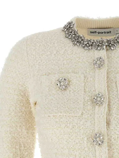 Self-portrait White Crewneck Cropped Cardigan With Crystal Embellishments On The Collar In Cotton Blend Woman In Neutral