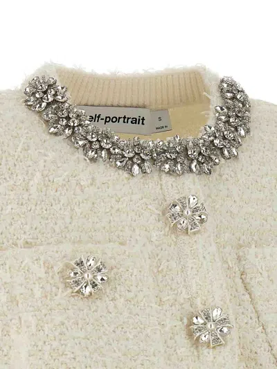 Self-portrait White Crewneck Cropped Cardigan With Crystal Embellishments On The Collar In Cotton Blend Woman In Neutral