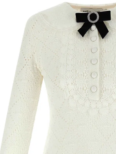 Self-portrait White Lace Knit Mini Dress With Removable Bow In White