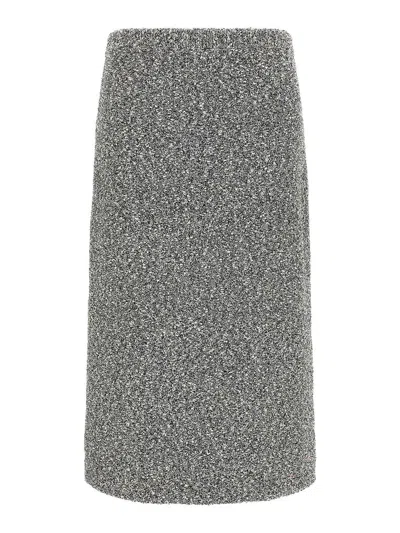 Tory Burch Mid-calf Tweed Skirt With Textured Fabric And Smooth Waistband In Gray