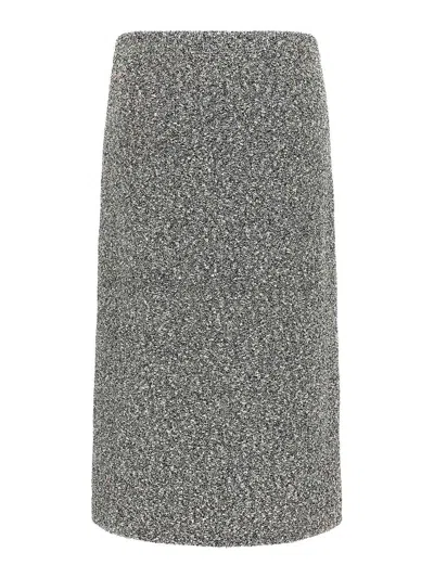 Tory Burch Mid-calf Tweed Skirt With Textured Fabric And Smooth Waistband In Gray